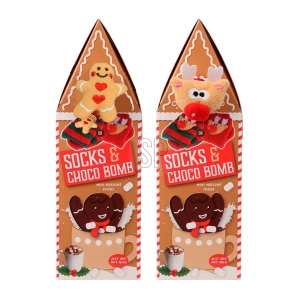 coffret de noël, contient une tasse, une paire de chaussettes et une barre de chocolat, différents modèles