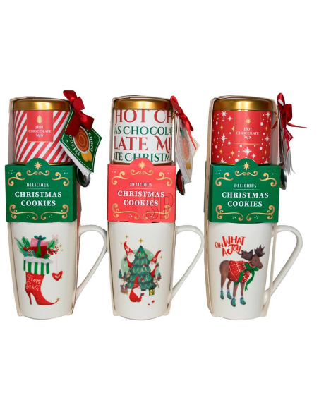 Coffret Tasse Noël Gourmande Tasse, biscuits, chocolat chaud, 3 modèles - BASIC & CO