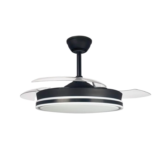 ventilateur de plafond à led avec pales rétractables 3cct supereco mini noir, lumière variable