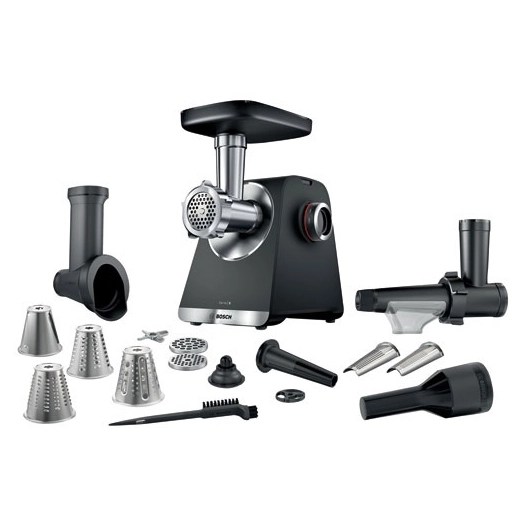 hachoir a viande inox 2100w puissance 500w capacite 3,5kg/mn 2grilles 3disques kit saucisses kit kebe decoupoe legumes e - bsh -