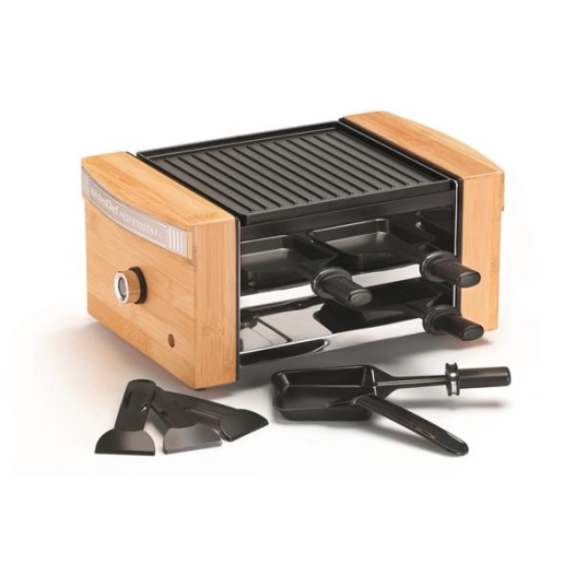 raclette 750w - plaque fonte alu antiadh - 4 poãªlons + 4 spatules - thermostat rã©glable - corps bambou - noir/naturel - kitche