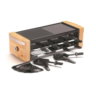 raclette 1200w - plaque fonte alu antiadh - 8 poãªlons + 8 spatules - thermostat rã©glable - corps bambou - noir/naturel - kitch