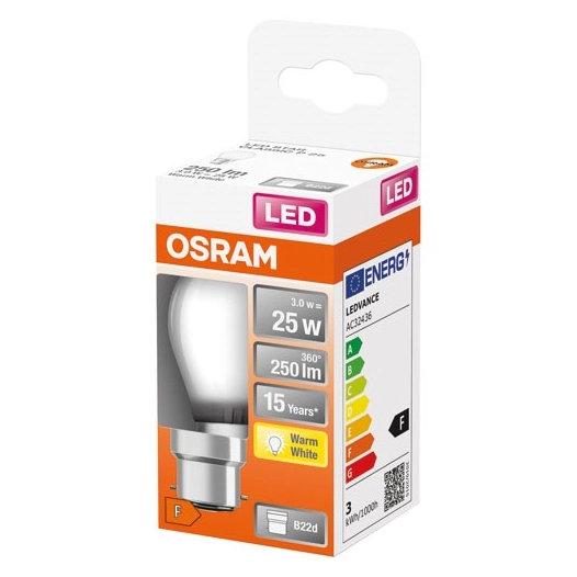 led sphã©rique verre dã©poli 2.5w b22 250lm 2700k chaud - ledvance gp