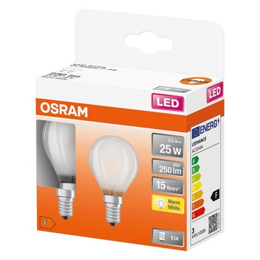 led sphã©rique verre dã©poli 2.5w e14 250lm 2700k chaud x2 - ledvance gp