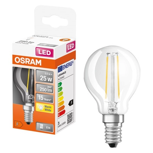 led sphã©rique clair fil. 2.5w e14 250lm 2700k chaud x1 - ledvance gp