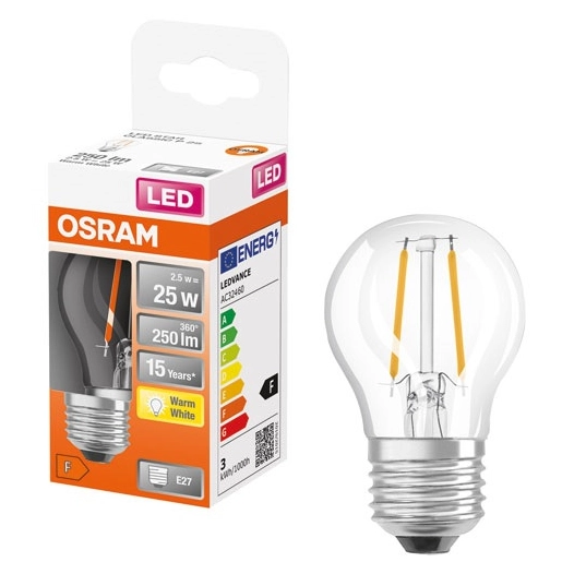 led sphã©rique clair fil. 2.5w e27 250lm 2700k chaud boite - ledvance gp
