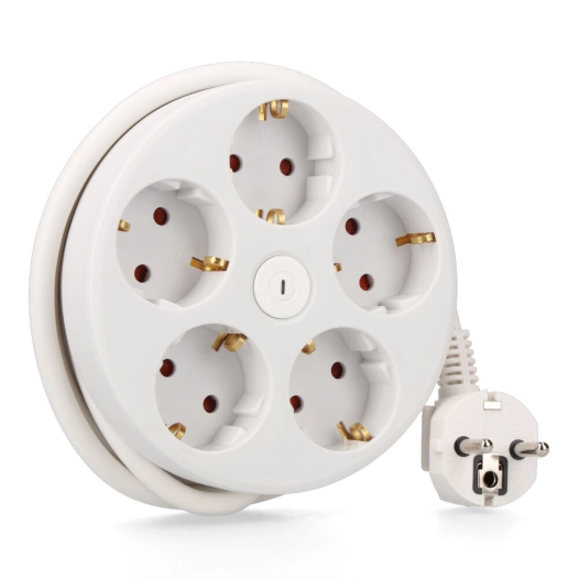 rallonge ronde avec 5 prises 2p+t schuko, avec interrupteur, 16 a 250 v, 1,5 m de câble h05vv-f 3g1.5 mm², blanc