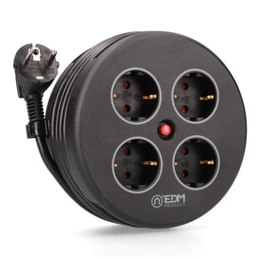 enrouleur de câble avec 4 prises 2p+t schuko, avec protection, 16 a 250 v, câble h05vv-f 3g1,5mm² de 5 m, noir