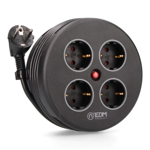 enrouleur de câble avec 4 prises 2p+t schuko, avec protection, 16 a 250 v, câble h05vv-f 3g1,5mm² de 5 m, noir