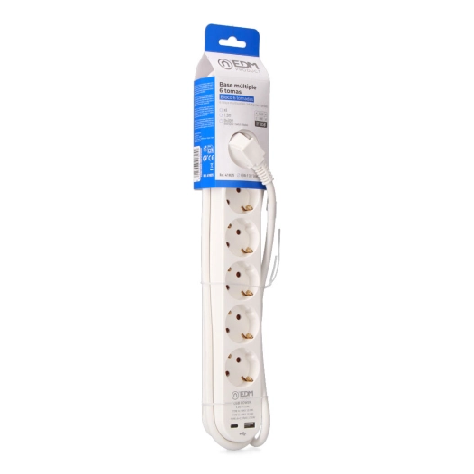 rallonge avec 6 prises 2 p+t schuko, avec interrupteur, 2 usb a + c, 16 a 250 v, câble h05vv-f, 3g1,5mm² de 1,5 m, blanc