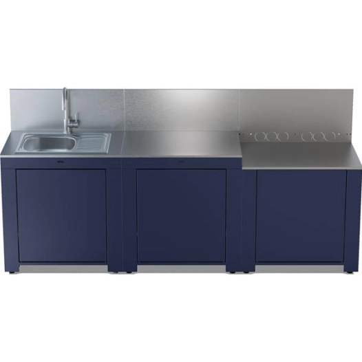 cuisine ext 3 modules - evier rã©v - plancha surb - plans inox - rangt gaz 6-13 kg - 3 portes - pieds rã©gl - acier galva - eno