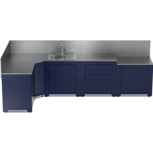 cuisine ext 4 modules + angle - frigo 75 l trop - evier rã©v - plancha surb + rangt gaz 6-13 kg - 2 tiroirs - roues/poign - eno