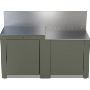 cuisine ext 2 modules - plancha surb - plan trav inox - rangt gaz 6-13 kg - 2 portes - pieds rã©gl - acier galva - sauge - eno p