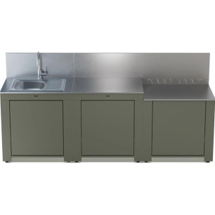 cuisine ext 3 modules - evier rã©v - plancha surb - plans inox - rangt gaz 6-13 kg - 3 portes - pieds rã©gl - acier galva - eno