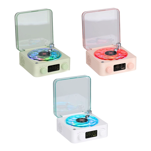 enceinte bluetooth en forme de platine vinyle, avec horloge, bruit blanc et lumière rvb, couleurs assorties