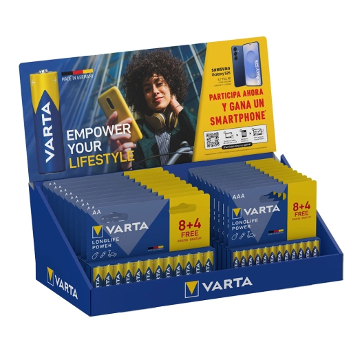 présentoir de table en carton varta longlife power, 21 blisters 8+4, 12 aaa + 9 aa