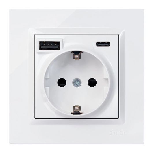 socle de prise schuko + usb a+ c 10,5 w 16 a 250 v~, simon 10, blanc