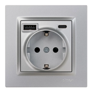 socle de prise schuko + usb a+ c 10,5 w 16 a 250 v~, simon 10, aluminium