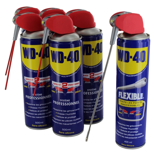 pack de 5 aérosols 500ml wd-40 double position + 1 aérosol 400 ml flexible offert.