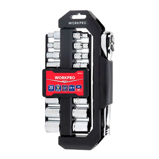 jeu de cliquet et douilles 3/8 po, support pivotant, 20 pièces, (métrique-sae)