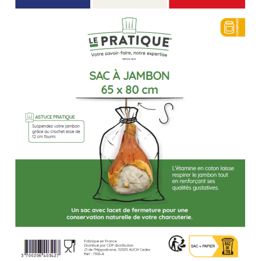 10 Sac A Jambon + Crochet S 120 Mm Etamine Coton Écru 65 X 80 Cm - LE PRATIQUE