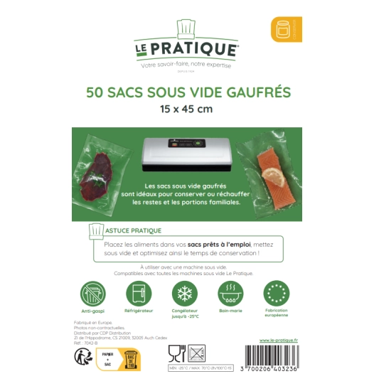 Sacs Sous Vide Gaufres 15 X 45 Cm - Poche De 50 Sacs - LE PRATIQUE