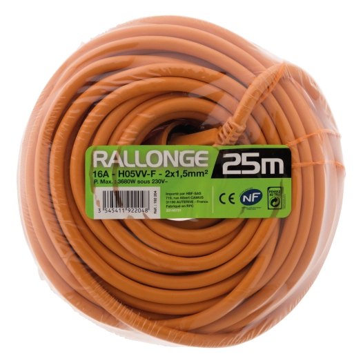 Prolongateur HO5VV-F 2x1.5mm² orange Longueur 25 mètres