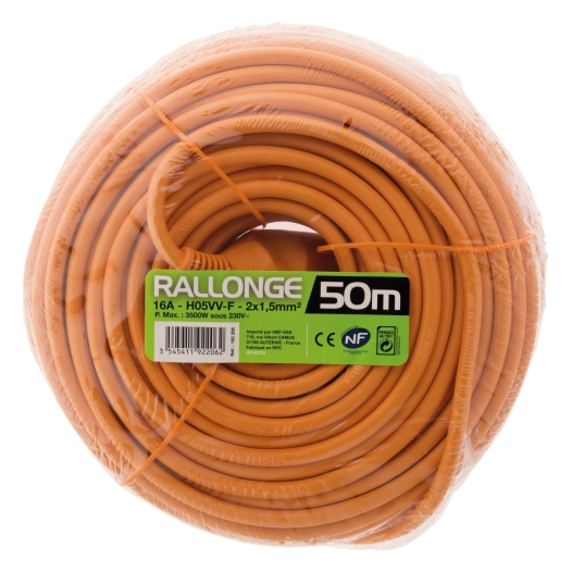 Prolongateur HO5VV-F 2x1.5mm² orange Longueur 50 mètres