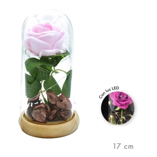 rose éternelle artificielle led, dôme en verre 17 cm, couleur rose