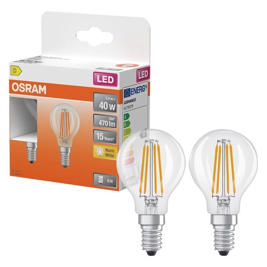 led sphere verre clair e14 3.4w 470lm chaud boite de 2 - ledvance gp