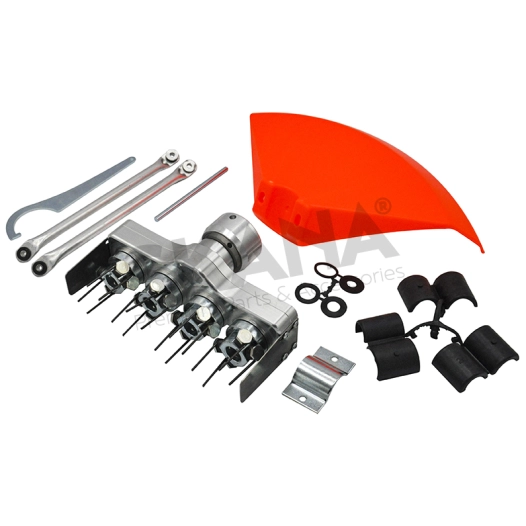 système 4 têtes émousseur contre-rotatives universel top keeper. adaptable sur toute débroussailleuse à dos avec bras droit. pou