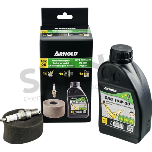 kit entretien tondeuse arnold. pour moteurs mtd thorx 35 ( 99 cc, avec poire d'amorçage ). composé de : 1 bidon d'huile sae 10w3