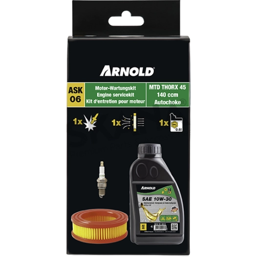 kit entretien tondeuse arnold. pour moteurs mtd thorx 45 ( 140 cc, avec starter automatique ). composé de : 1 bidon d'huile sae