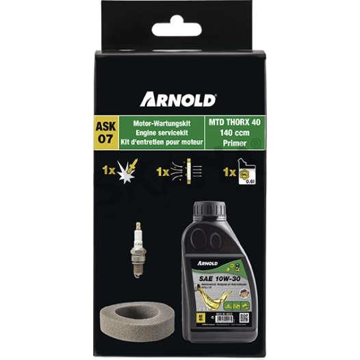 kit entretien tondeuse arnold. pour moteurs mtd thorx 45 ( 140 cc, avec poire d'amorçage ). composé de : 1 bidon d'huile sae 10w