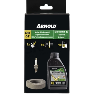 kit entretien tondeuse arnold. pour moteurs mtd thorx 45 ( 140 cc, avec poire d'amorçage ). composé de : 1 bidon d'huile sae 10w