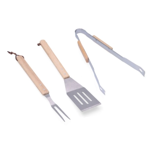 lot de 3 ustensiles de barbecue en chêne/acier inoxydable