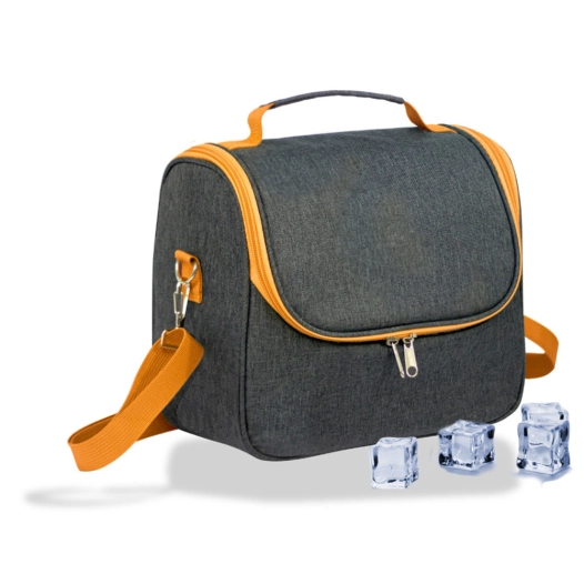 sac isotherme de 9 l, motif denim gris avec bordures et poignée orange, 26 x 15 x 25 cm