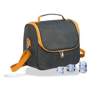 sac isotherme de 9 l, motif denim gris avec bordures et poignée orange, 26 x 15 x 25 cm