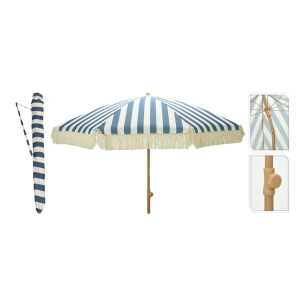 parasol pour jardin, rayures bleues avec franges beige, ø183 x 200 cm