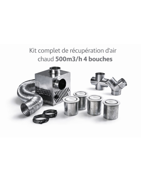 Kit de distribution d'air chaud 4 bouches 500 m3 pour cheminée
