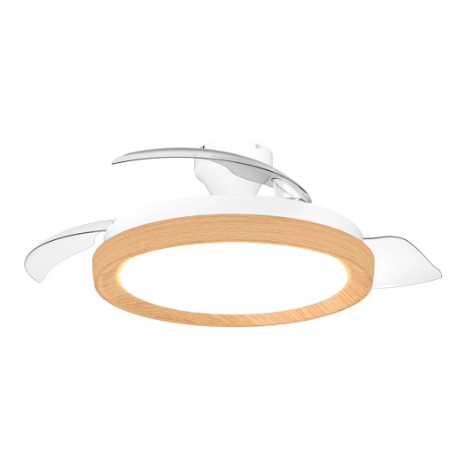 ventilateur de plafond à pales rétractables, led 3 cct, moteur dc 28 w + led 35 w, modèle bliss, blanc / doré, ø106 cm