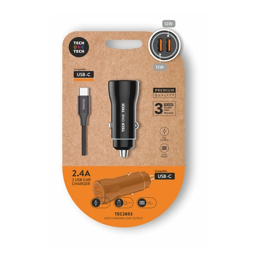 chargeur allume-cigare voiture 2 x usb-a, 12 w, noir + câble usb-c de 1 m