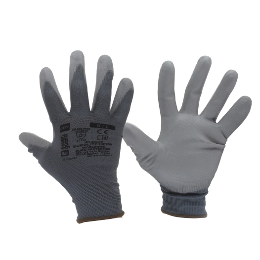 gants d'atelier polyester avec enduction polyurethane pour travaux de manutention de précision. sans couture. dos aéré. poignet 