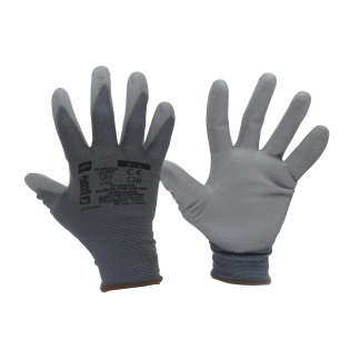 gants d'atelier polyester avec enduction polyurethane pour travaux de manutention de précision. sans couture. dos aéré. poignet 