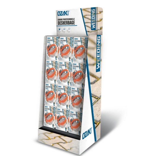 présentoir avec assortiment de brosses de désherbage ozaki 1610306 universelles pour débroussailleuses à dos.