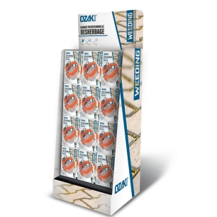 présentoir avec assortiment de brosses de désherbage ozaki 1610306 universelles pour débroussailleuses à dos.