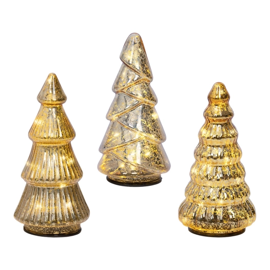 sapin en verre avec micro led, lumière fixe chaude, usage intérieur, modèles assortis, lot de 3