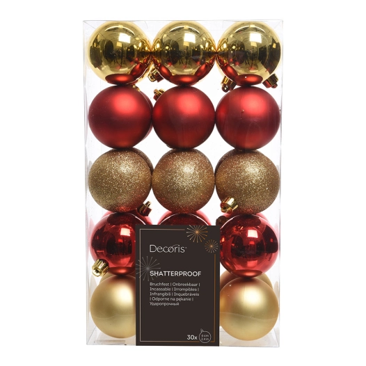boules de noël décoratives pour sapin, rouges et dorées, boîte de 30 unités