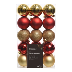 boules de noël décoratives pour sapin, rouges et dorées, boîte de 30 unités