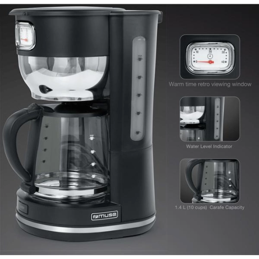 10 tasses-1000 w-cadran rã©tro- arrãªt auto-porte-filtre amovible-noir - new one - muse pem